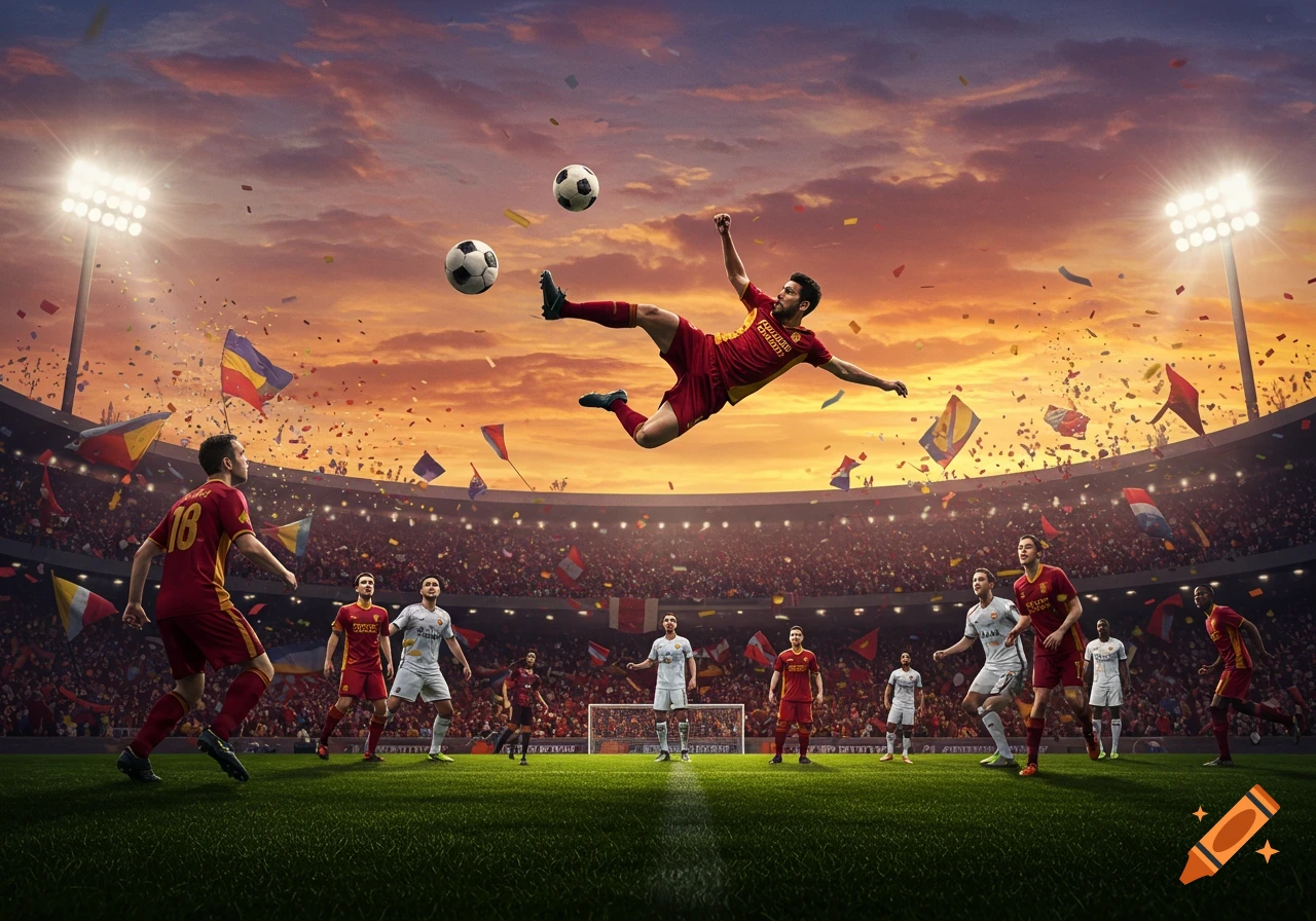 A dramatic shot of a soccer player performing a bicycle kick in a brightly lit stadium at sunset, with two soccer balls in the air, surrounded by other players and cheering fans.
