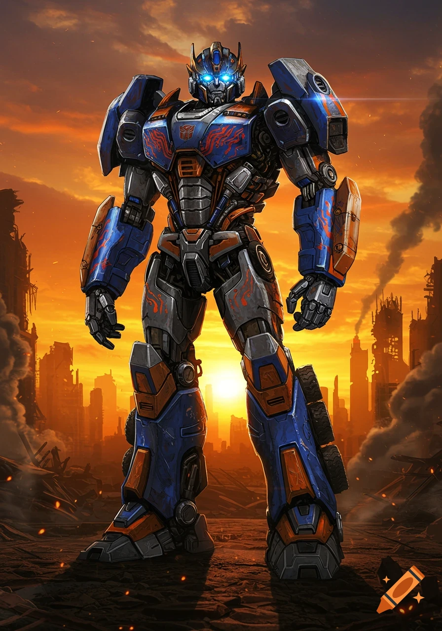 An armored blue, orange, and grey robot resembling Optimus Prime stands in a ruined city at sunset, comic art style.
