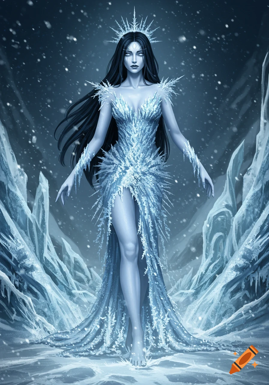 A pale woman with long black hair and white eyes, wearing an intricate, shimmering ice-blue gown, stands amidst jagged ice formations in a snowy landscape.