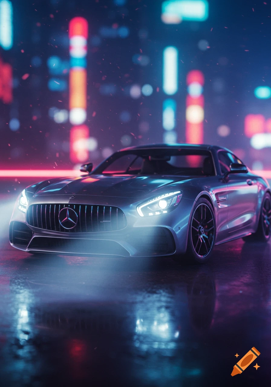 Silver Mercedes-AMG sports car on a wet street at night, reflecting colorful neon city lights.