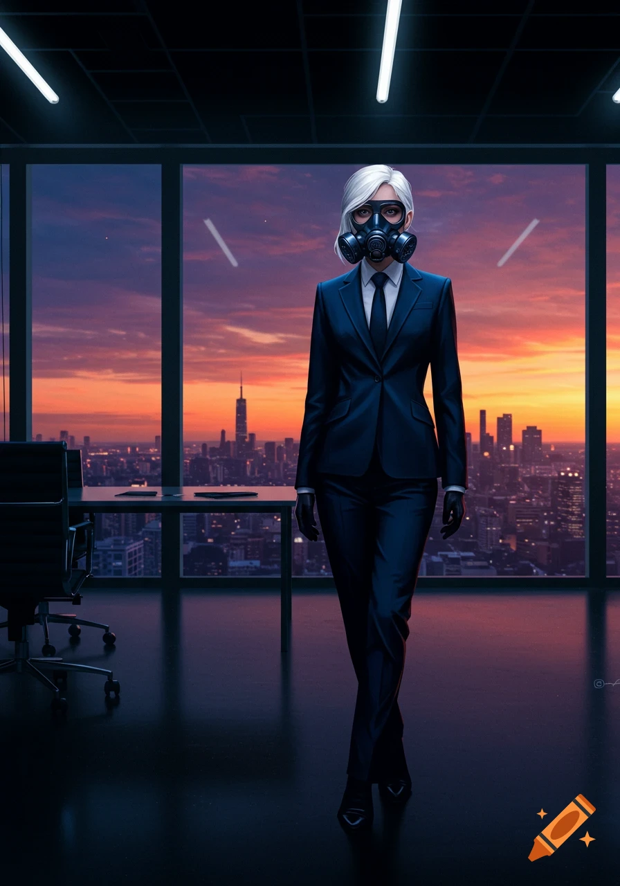 White-haired woman in a dark blue business suit and gas mask stands in an office overlooking a city at sunset, digital art.