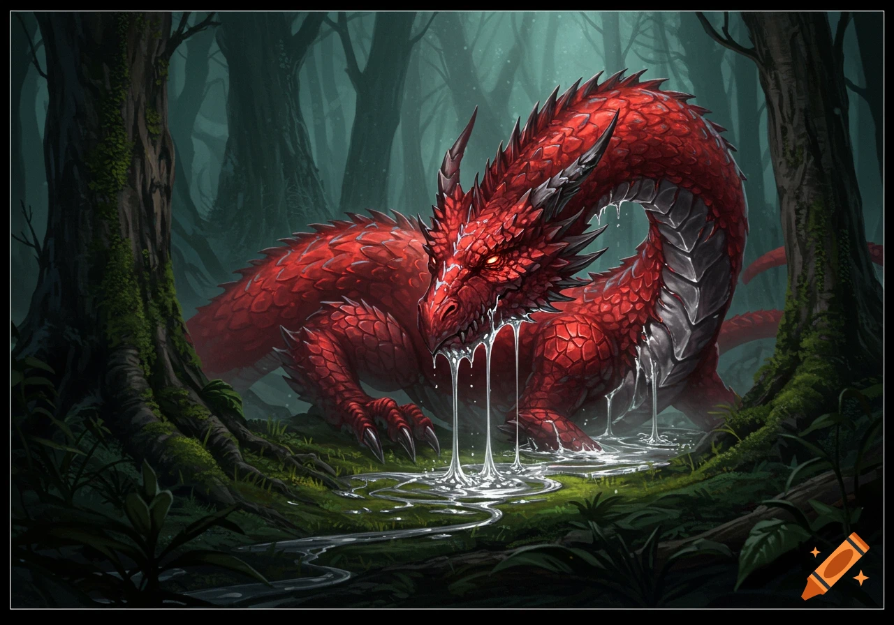 A red scaly dragon with glowing eyes drips a white liquid into a puddle on the forest floor, surrounded by dark trees.
