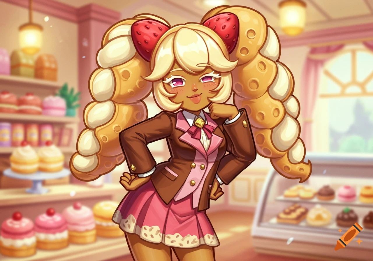 A cartoon female character with cannoli pigtails and strawberry bows, wearing a brown blazer and pink skirt, in a bakery.