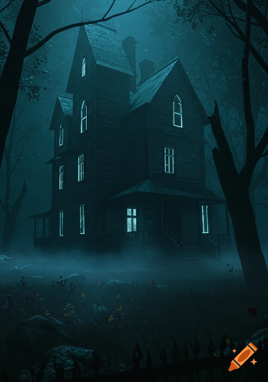 A dark, moody haunted house with glowing windows stands in a misty forest at midnight, in a cinematic horror style.