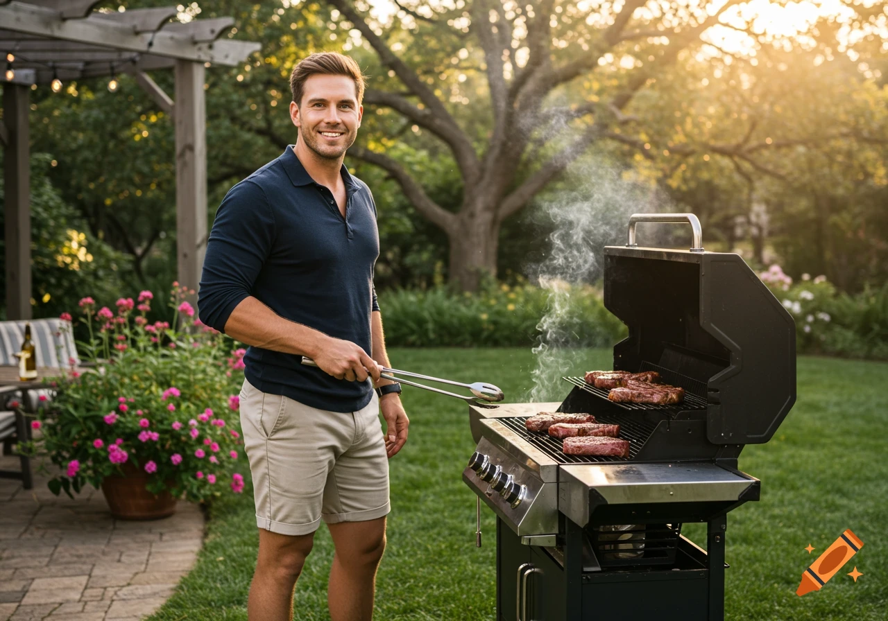A smiling man in a navy polo shirt and shorts grills steaks on a gas barbecue in a sunny backyard.