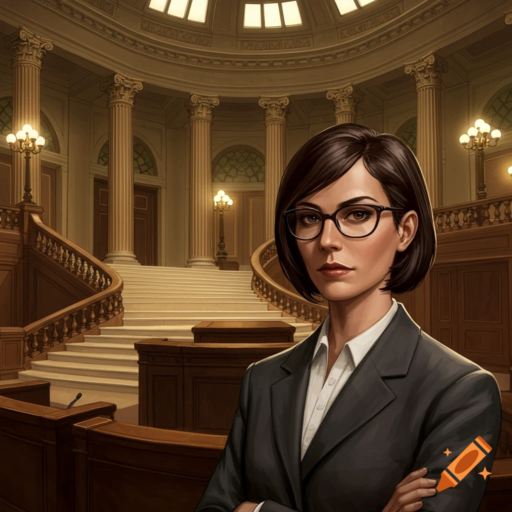 Professional woman with short dark hair and glasses, arms crossed, stands in a grand, columned courthouse. Digital painting.