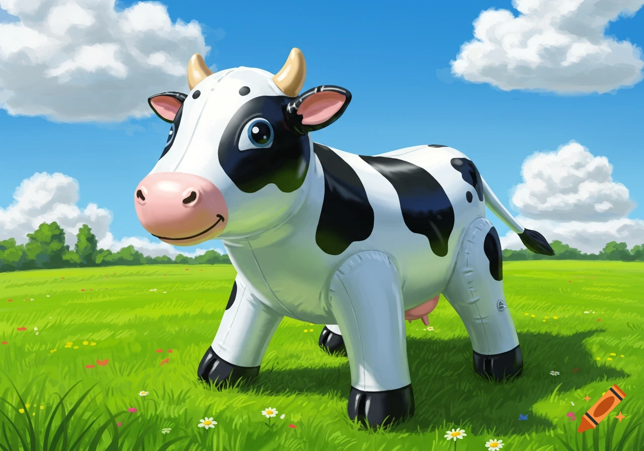 A cute cartoon inflatable Holstein cow stands in a vibrant green field under a blue sky with white clouds.