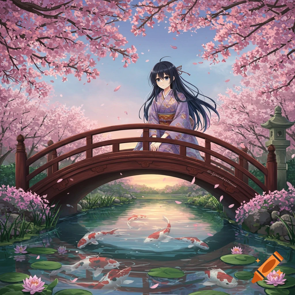 An anime girl in a kimono sits on a traditional Japanese bridge over a pond with koi fish and water lilies, surrounded by pink cherry blossoms.