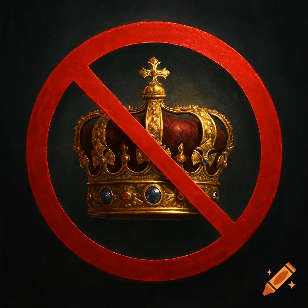 A richly detailed golden crown with red velvet, enclosed within a red universal 'no' symbol on a dark background, in a painterly style.