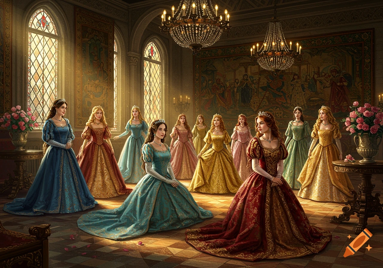 Multiple princesses in ornate gowns stand in a sunlit grand castle hall with chandeliers and tapestries.