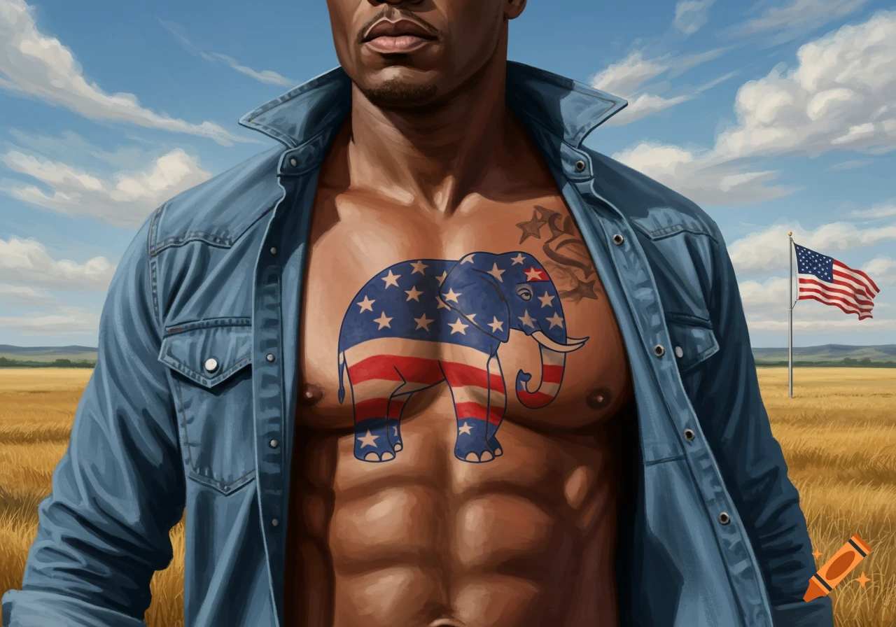 Painting of a muscular Black man in an open denim shirt, revealing a Republican elephant tattoo on his chest, in a field with an American flag.