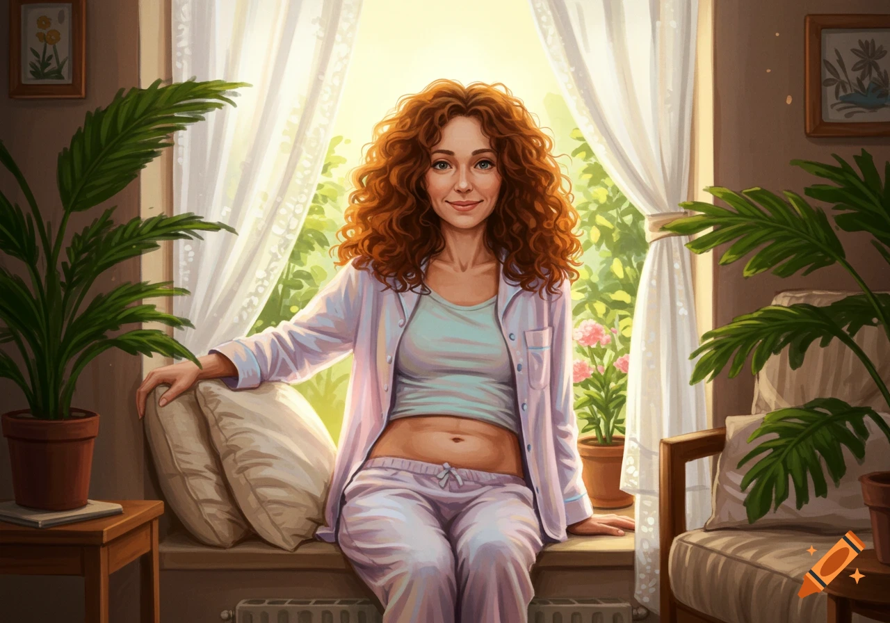 Smiling woman with curly red hair in pajamas sits on a window sill with plants, looking at a bright garden, digital painting.