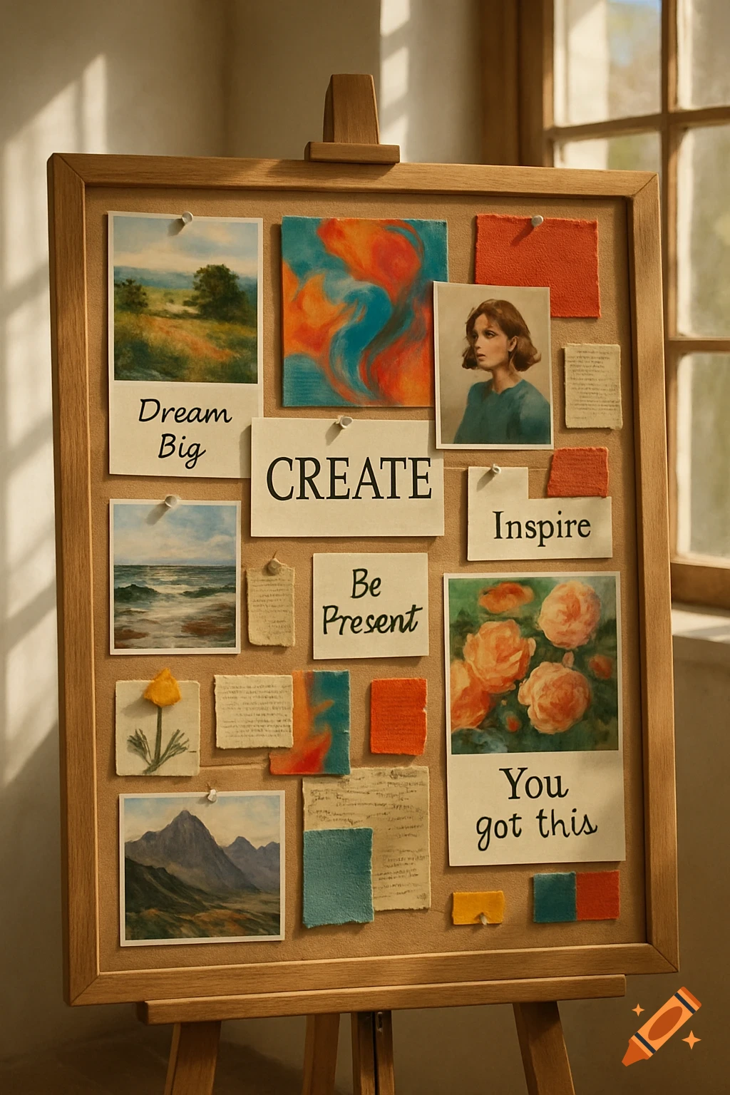An inspiration board on an easel with various small paintings of landscapes, flowers, and a portrait, mixed with handwritten motivational phrases like 'Dream Big' and 'CREATE'.