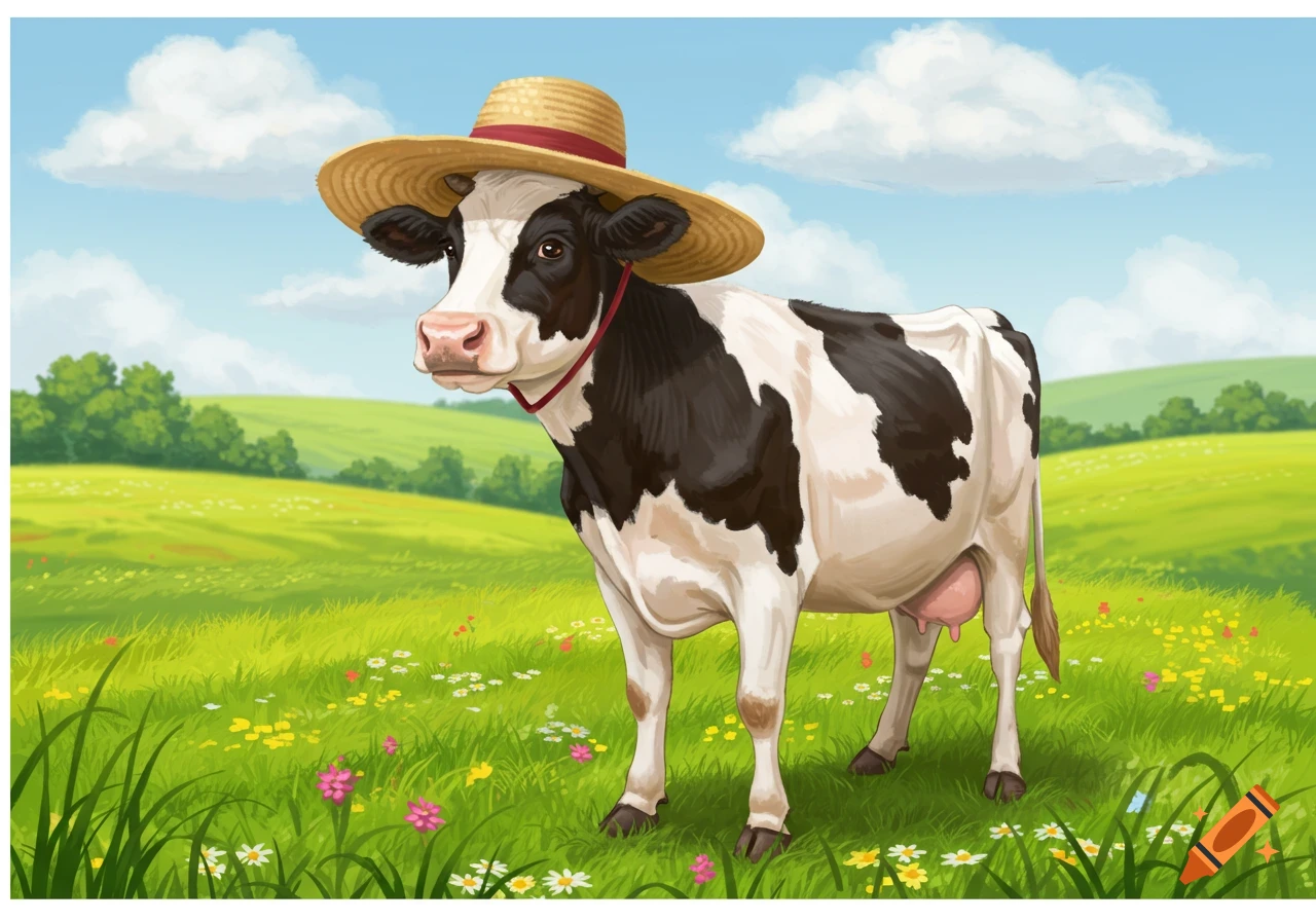 A cartoon cow wearing a straw hat stands in a green field with wildflowers under a blue sky.