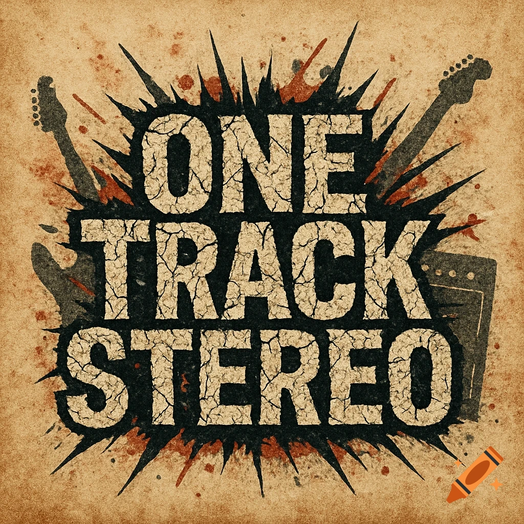 Grunge-style rock band logo with 'ONE TRACK STEREO' in cracked text, silhouetted guitars, and a spiky, splattered background.