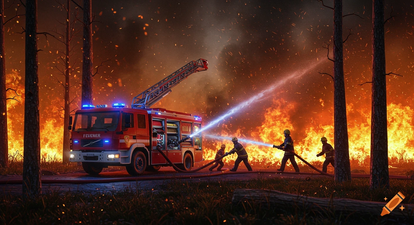 A red fire truck with blue sirens and firefighters spraying water on a massive forest fire at night, with smoke and embers filling the air.