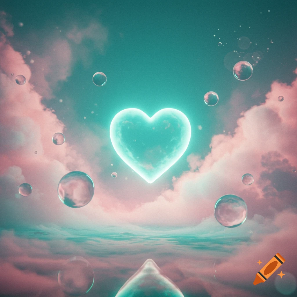 A glowing, translucent teal heart floats among pink clouds and clear bubbles in a dreamy, surreal sky.