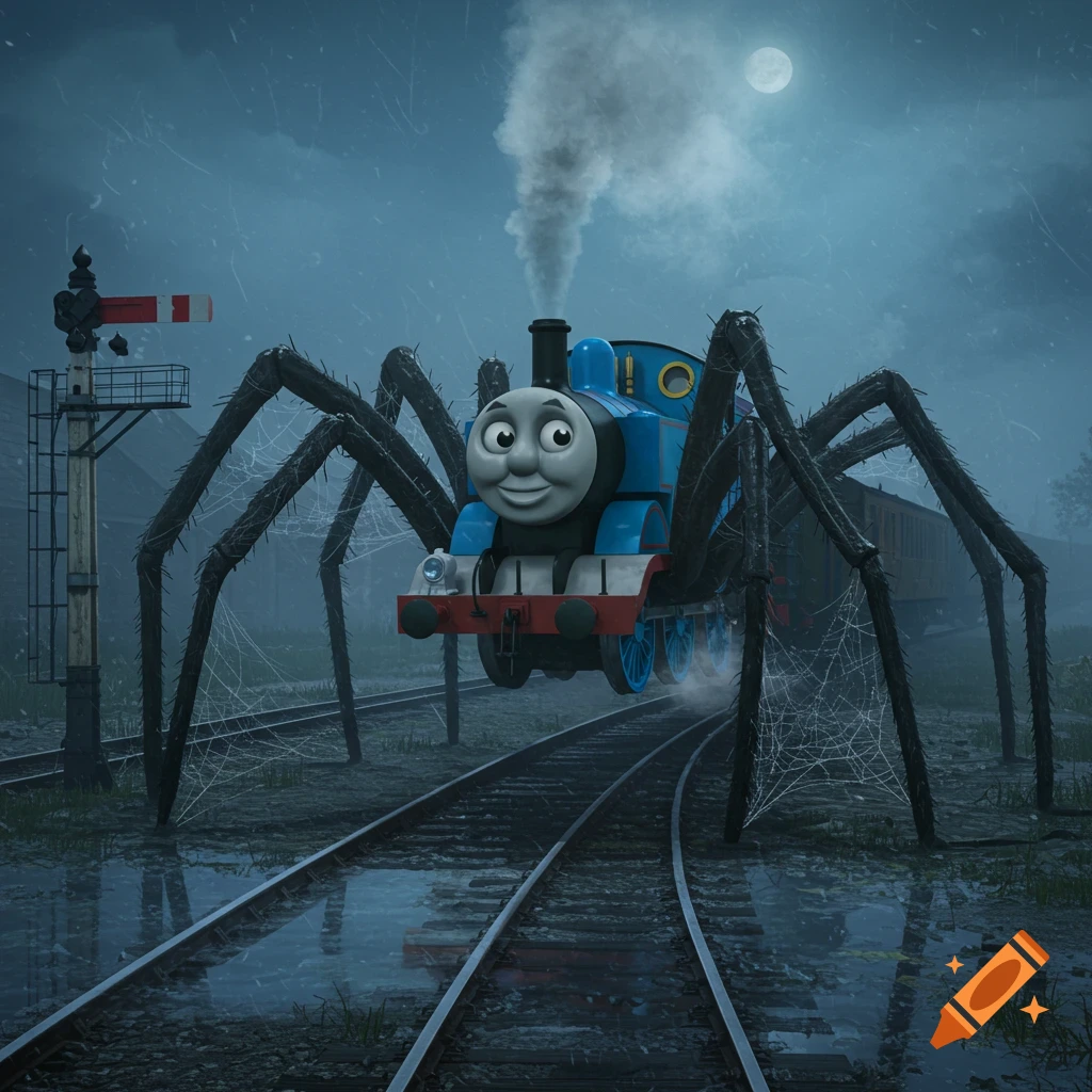 Thomas the Tank Engine with black spider legs hovers over misty train tracks at night under a full moon, covered in spiderwebs.