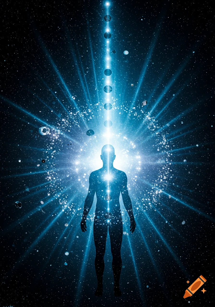 Glowing blue silhouette of a human figure radiating energy in a cosmic, starry background.