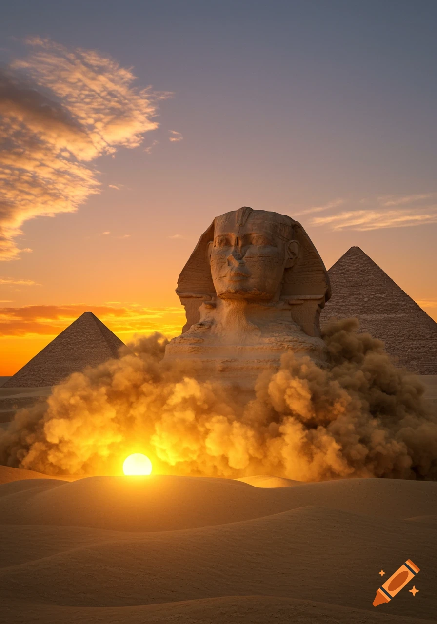 A photorealistic image of the Great Sphinx in a desert, engulfed in dust and light from a bright sun at sunset, with pyramids in the background.