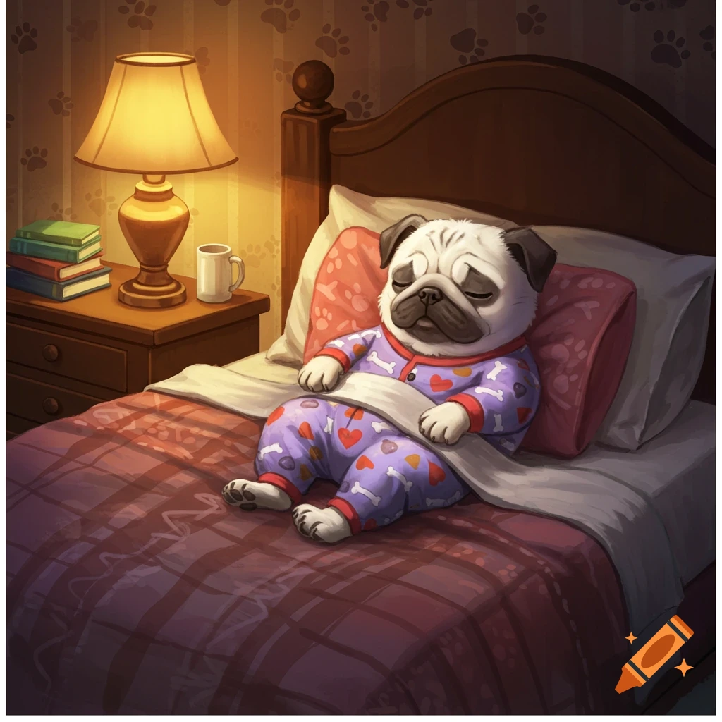 A cute white pug in purple pajamas with hearts and bones, sleeping peacefully in a bed with a lamp on a nightstand.