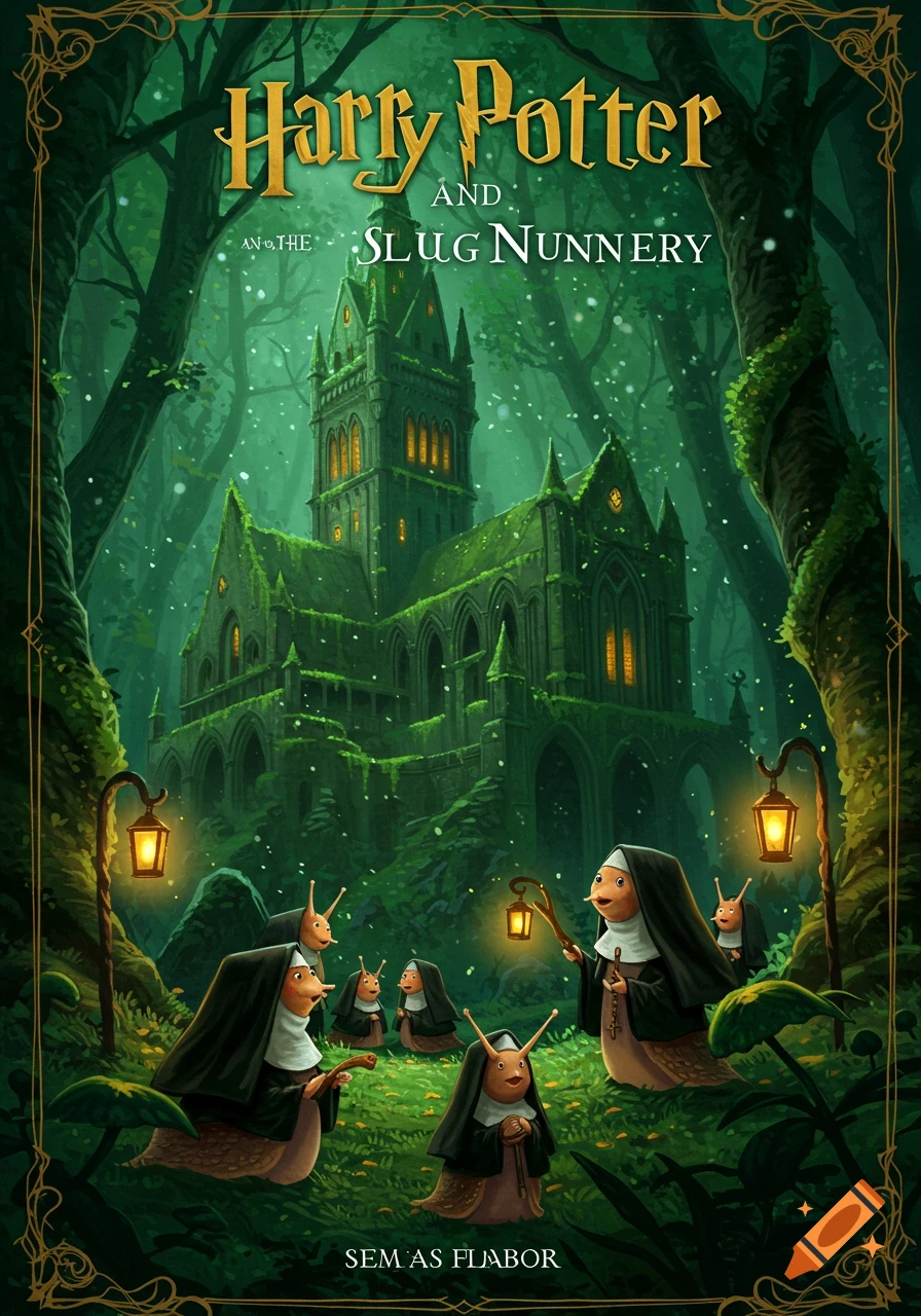 A book cover illustration with a dark, moss-covered gothic castle in a deep green forest, surrounded by anthropomorphic slugs dressed as nuns carrying lanterns. The title reads "Harry Potter AND THE SLUG NUNNERY".