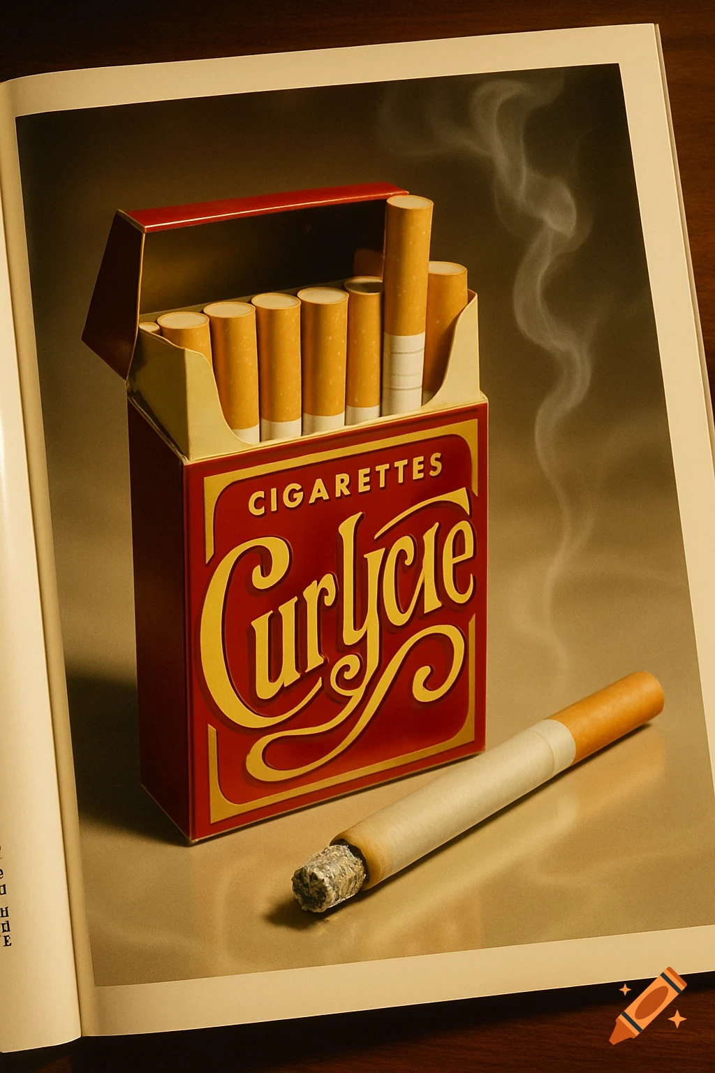 An open red and gold pack of 'Curlycue Cigarettes' and a lit cigarette with smoke, displayed on a glossy magazine page.
