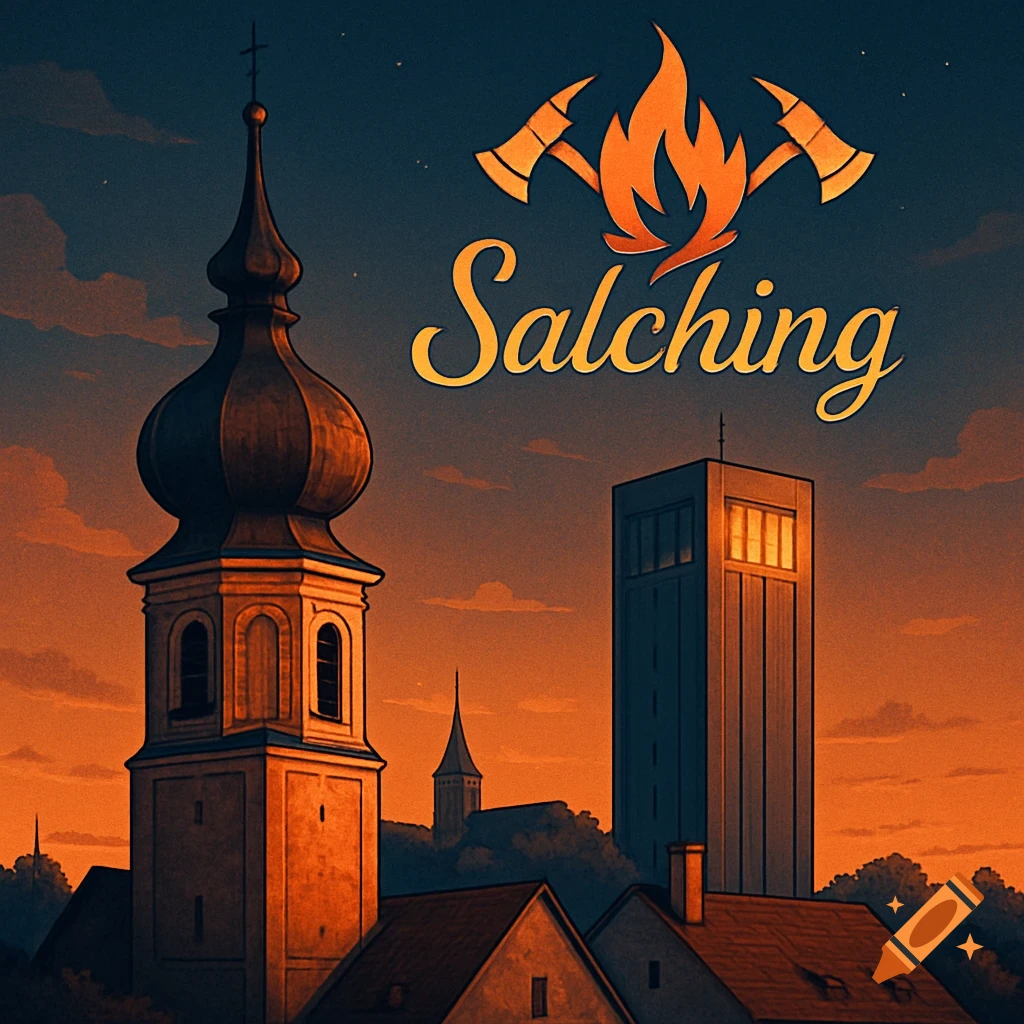 Stylized illustration of a twilight cityscape with a church tower, a modern building, and a fire department logo with the text 'Salching'.