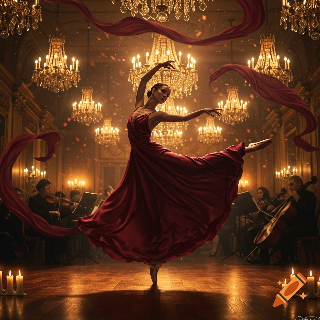 A graceful ballerina in a flowing red dress dances mid-leap on a stage, surrounded by opulent chandeliers, falling confetti, and a dimly lit orchestra.