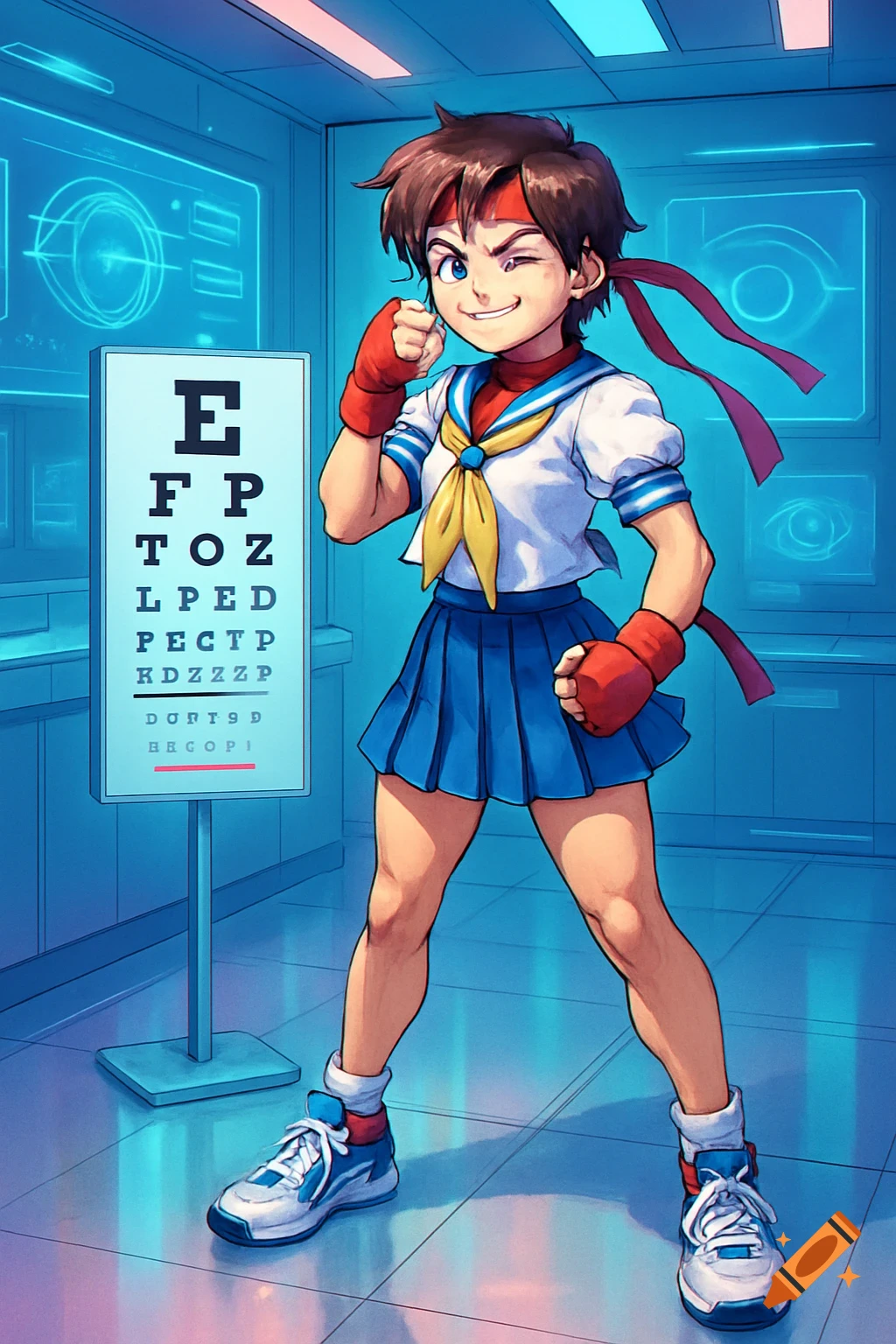 Anime style illustration of Sakura from Street Fighter winking, in a sailor uniform and boxing gloves, standing next to an eye chart in a blue-lit room.