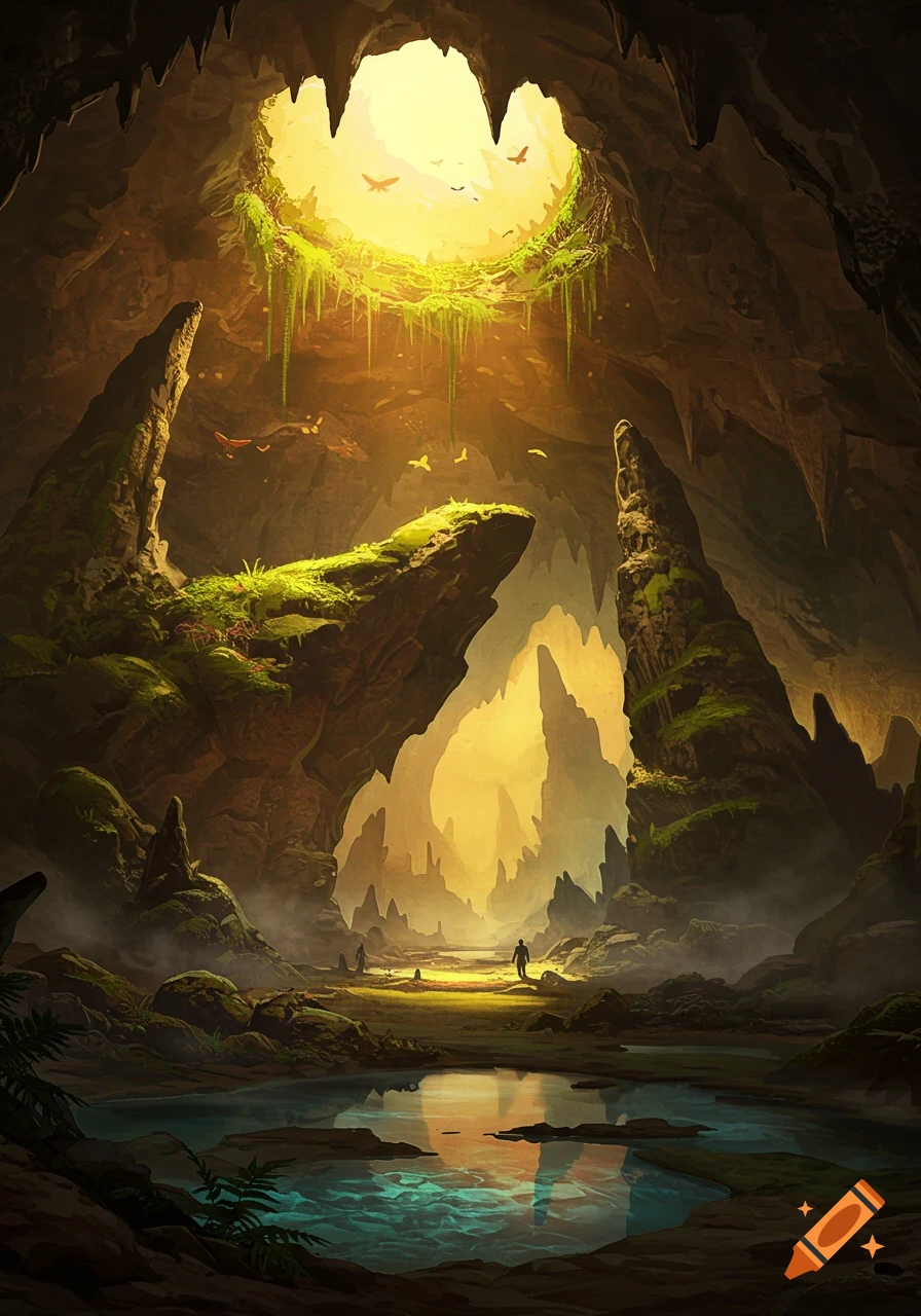 A grand fantasy cave landscape with a bright opening, lush moss, a serene pool, and a lone figure in the distance.