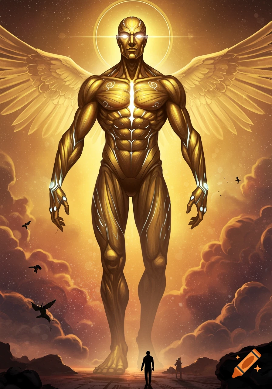 A towering golden angelic figure with large wings and glowing white eyes and veins stands over two small human figures in a radiant, cloud-filled landscape.