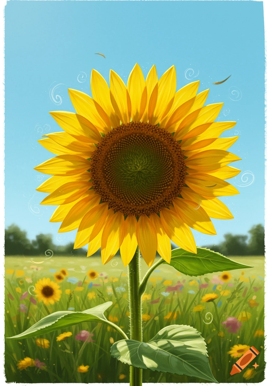 A vibrant, close-up illustration of a sunflower with bright yellow petals and a green center, standing tall in a field of colorful wildflowers under a clear blue sky.