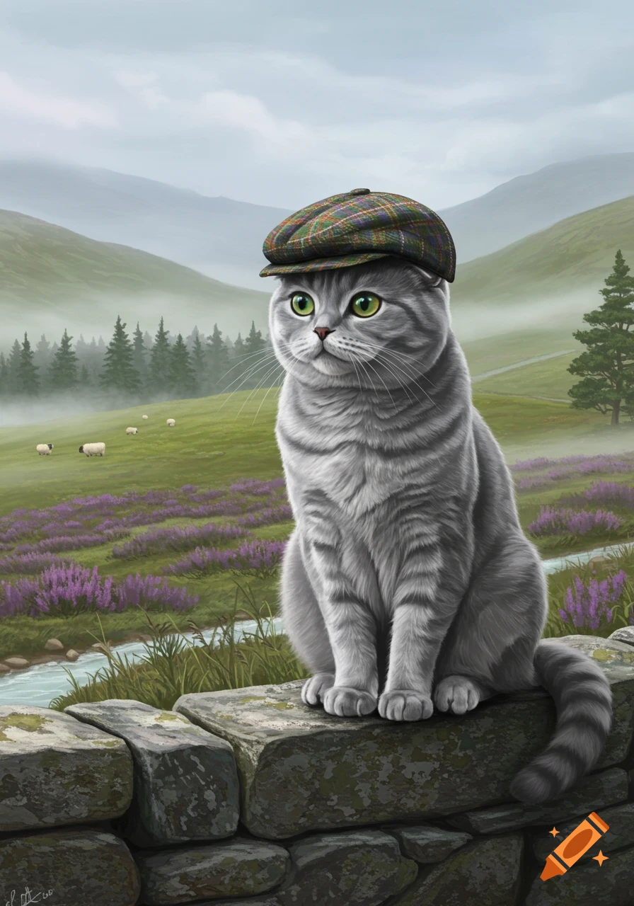 A gray Scottish Fold cat in a plaid flat cap sits on a stone wall, looking at a misty green valley with purple heather and a stream.