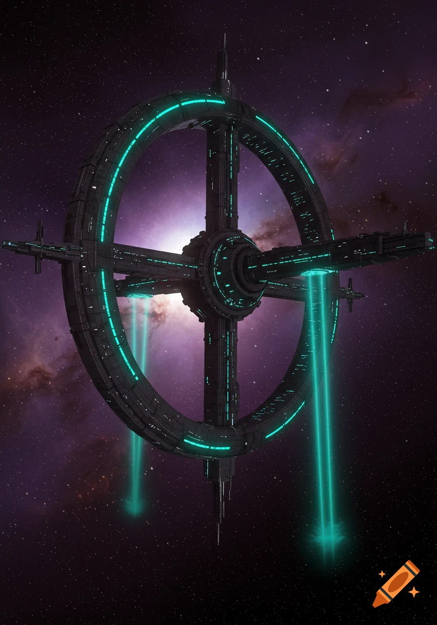 A large, dark grey futuristic space station with glowing teal lights and energy beams against a starry purple nebula.