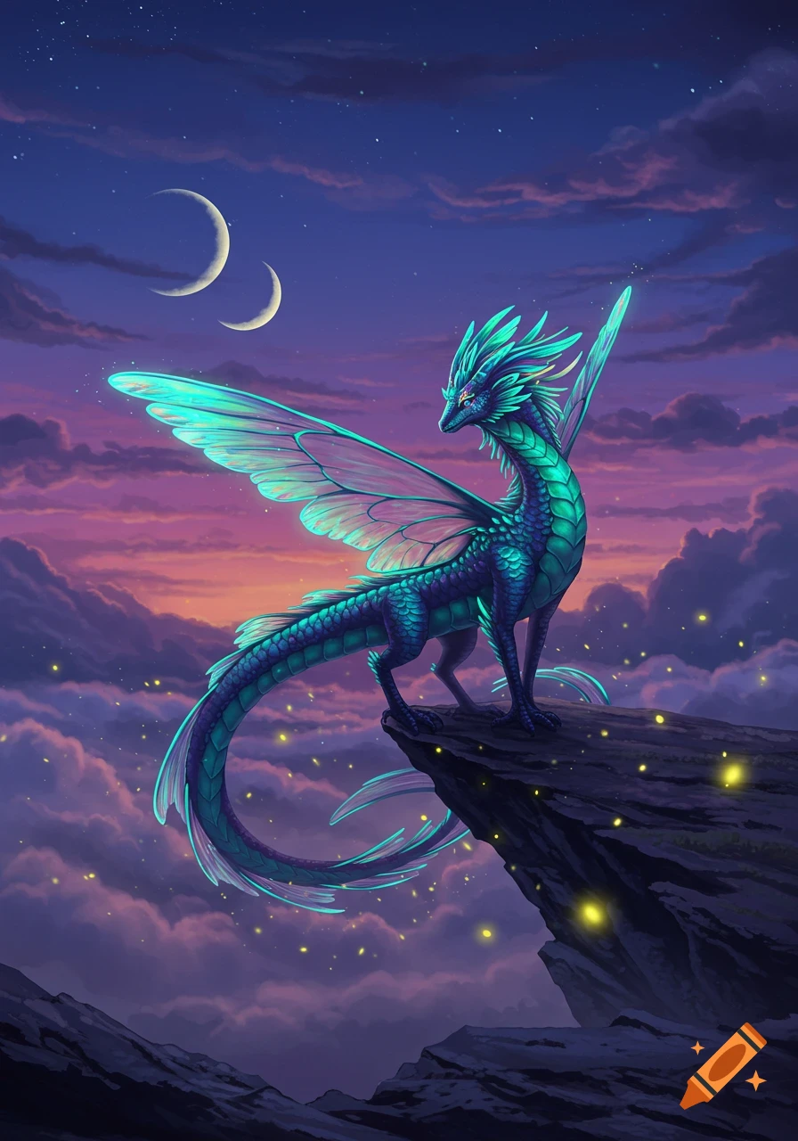 A majestic teal dragon with glowing, translucent wings stands on a rocky cliff under a twilight sky with crescent moons.