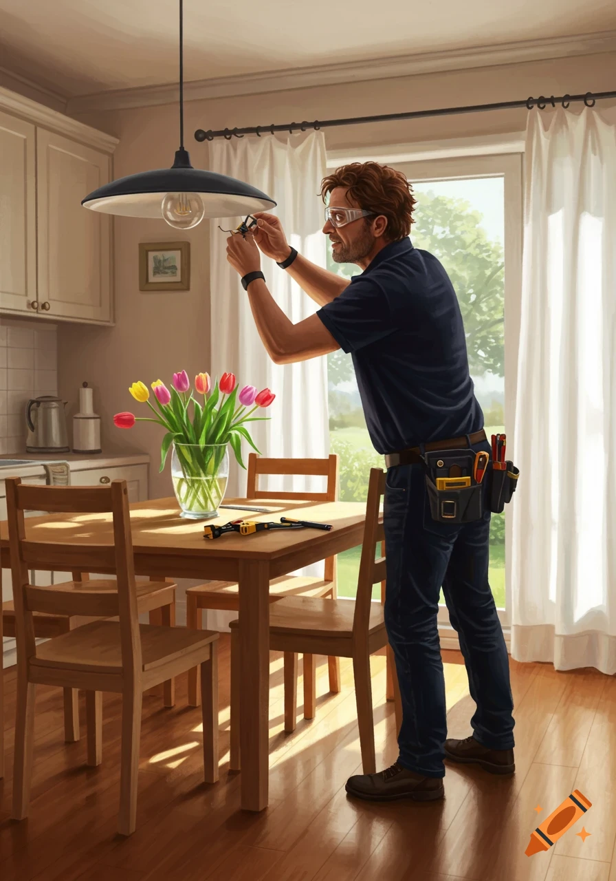 An illustration of an electrician wearing safety glasses, fixing a pendant light fixture above a wooden dining table with a vase of tulips.