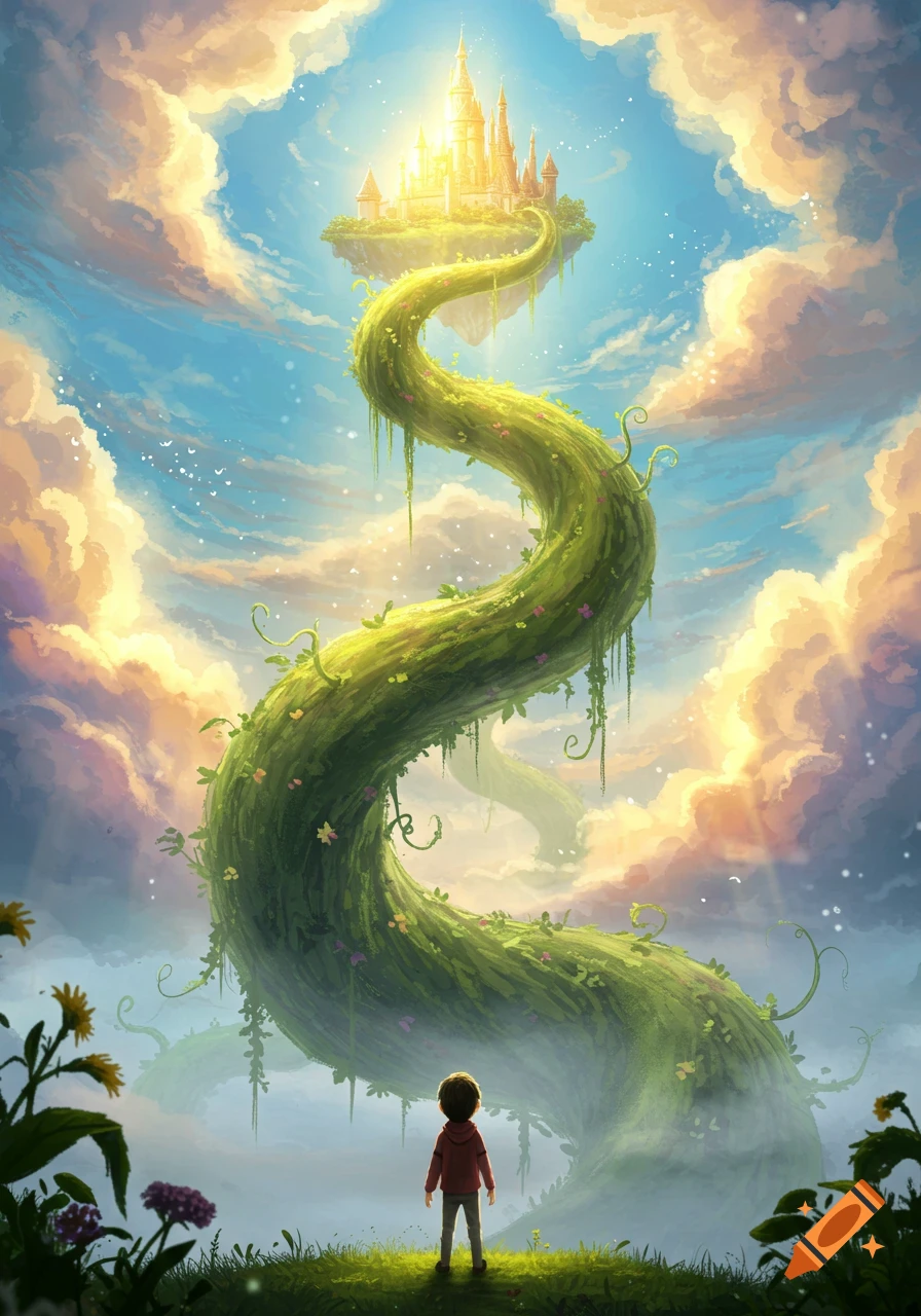 A young boy looks up at a giant beanstalk reaching a glowing golden castle in the clouds, in a fantastical illustration.