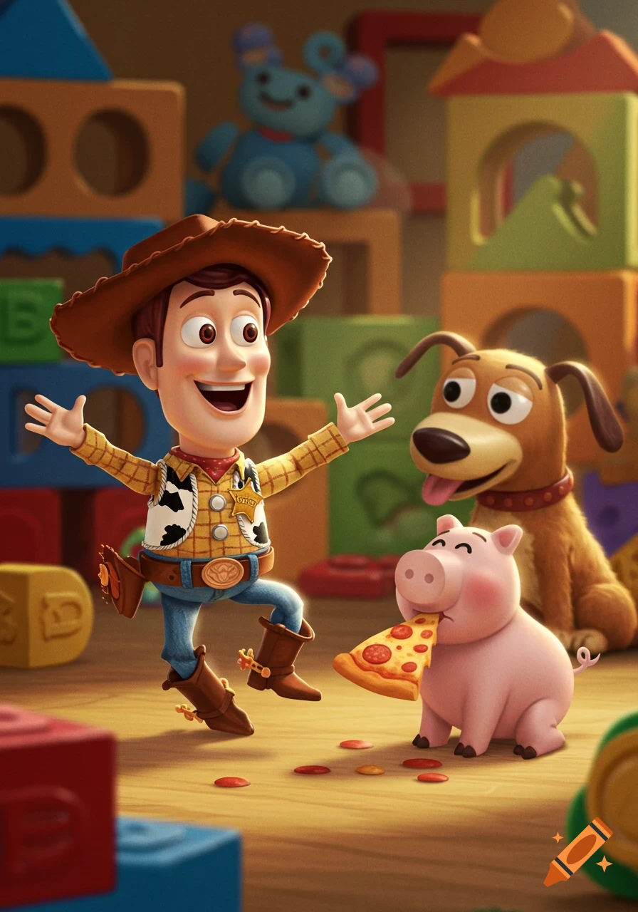Woody from Toy Story dances happily as a dog sniffs nearby and a pig eats pizza amidst colorful building blocks, in a 3D animation style.