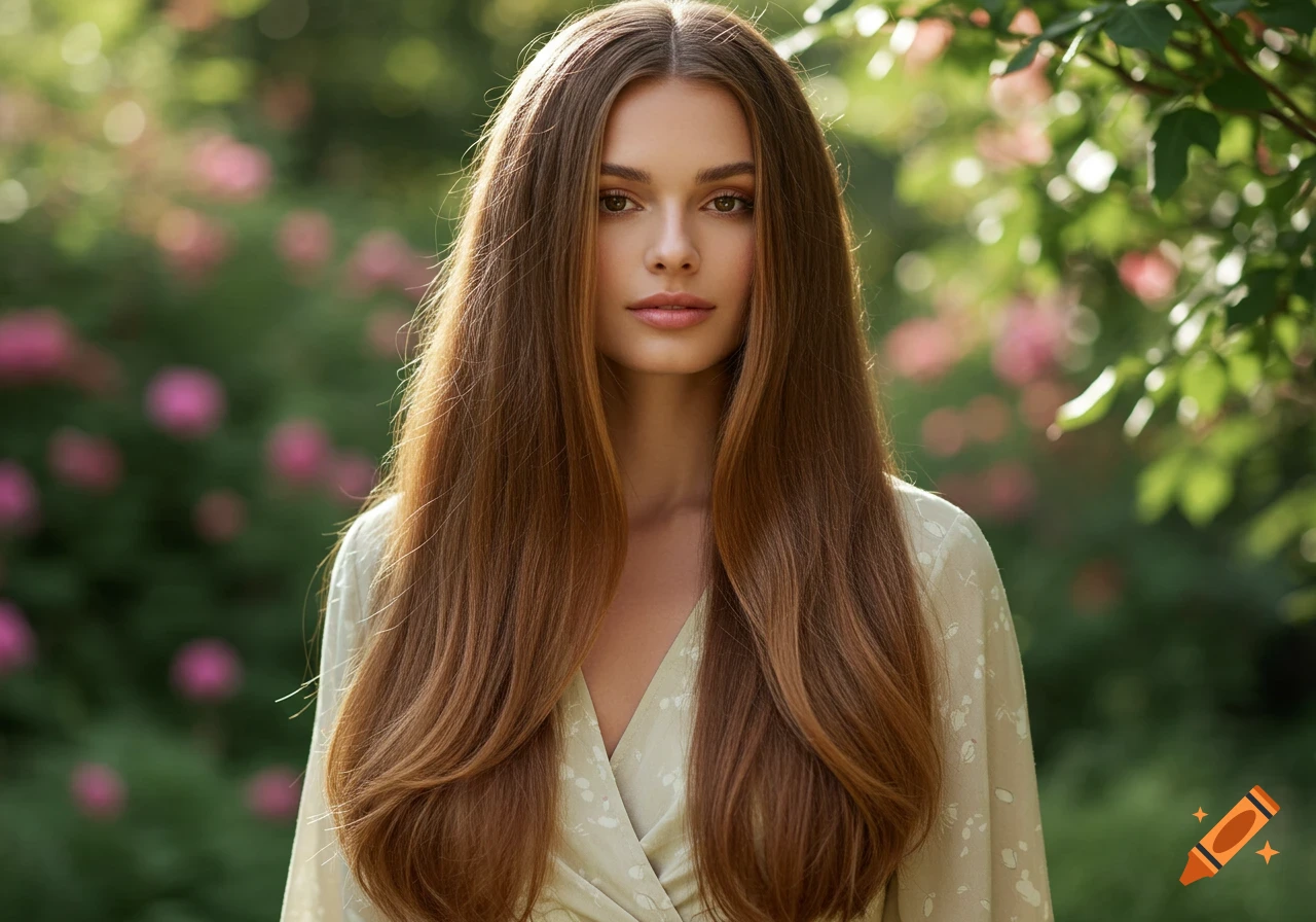 A photorealistic portrait of a young woman with long brown hair, looking forward in a soft-focus garden.