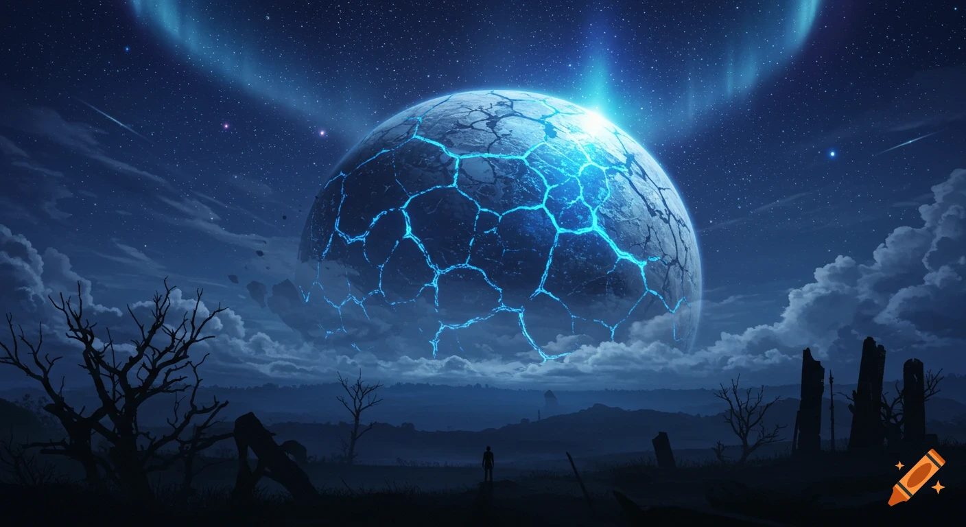 A lone figure stands in a dark, desolate landscape beneath a starry, aurora-lit sky, observing a giant cracked planet with a sapphire glow.