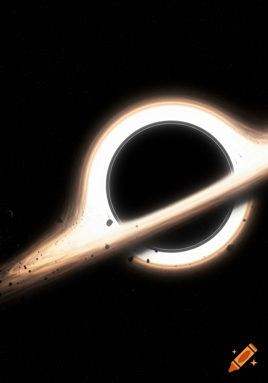 A black hole with a bright white event horizon and an orange-brown accretion disk flowing around it, surrounded by small asteroids in a starry dark sky.
