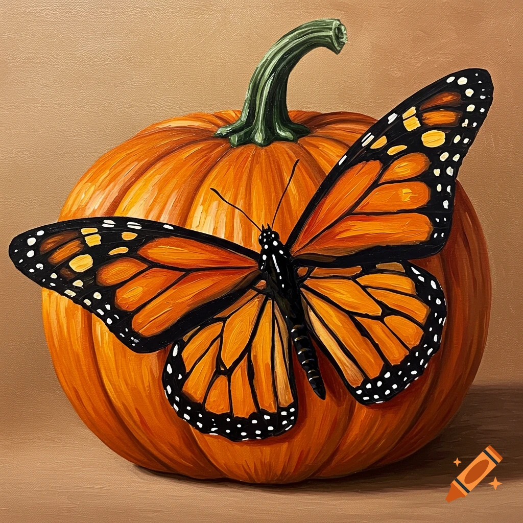 An acrylic painting of a monarch butterfly with orange wings merged with a pumpkin.