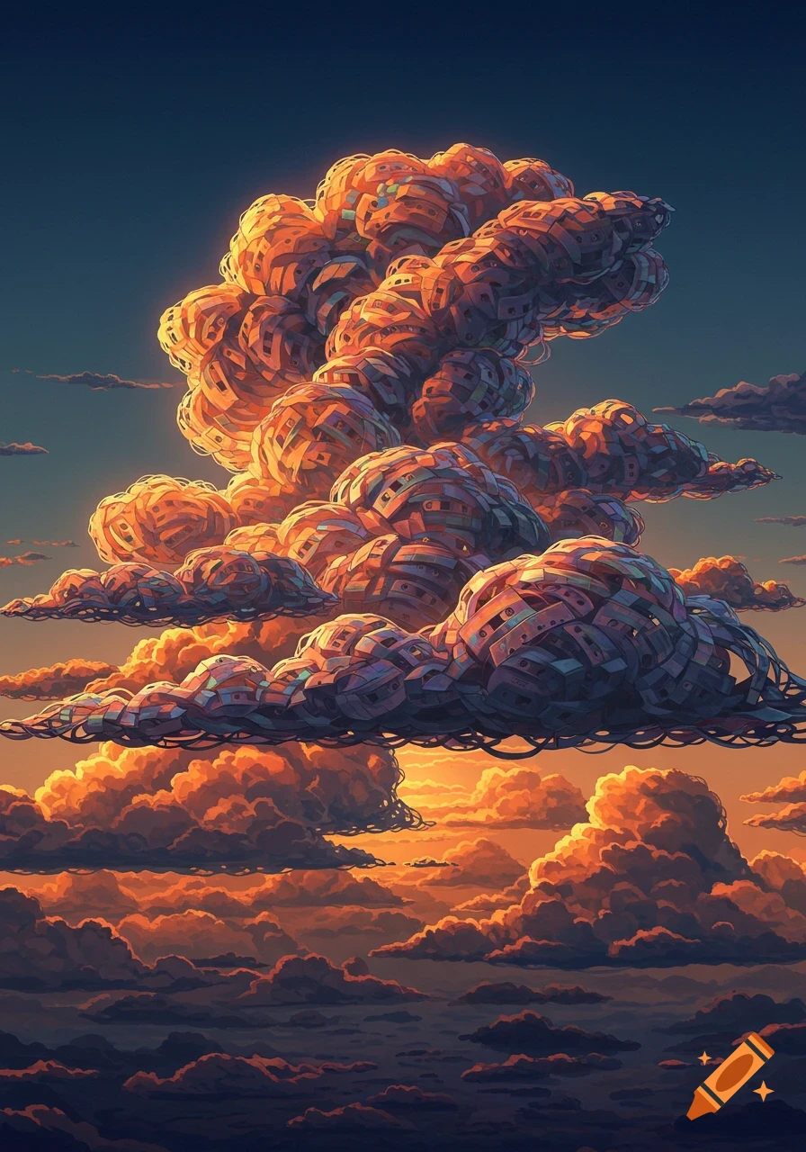 A vibrant digital painting of an abstract sunset sky with clouds made from intertwined audio cassette tapes.