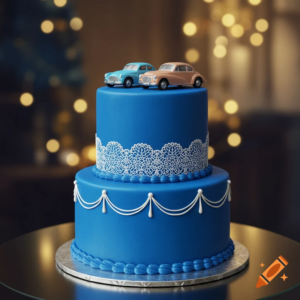 A two-tier blue cake with white lace frosting and two vintage toy cars on top, set against a blurry bokeh background.