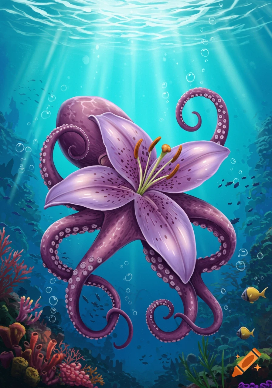 A purple octopus with a large purple lily flower on its head, swimming in a vibrant underwater coral reef.