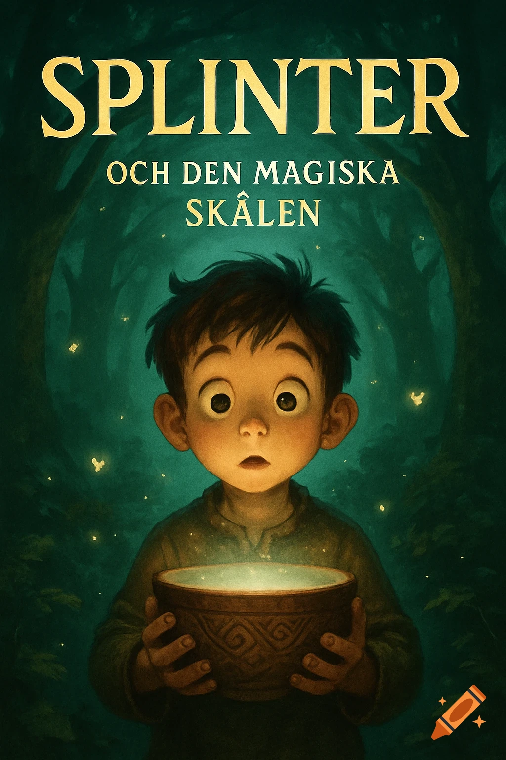 A cartoon boy with wide eyes holds a glowing wooden bowl in a dark forest, with the title "SPLINTER OCH DEN MAGISKA SKÅLEN".