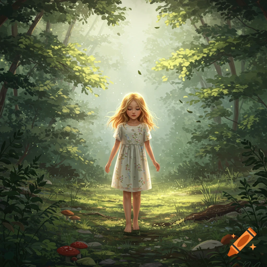 A barefoot young girl with blonde hair in a white floral dress walks through a sun-dappled, misty forest in a dreamy illustration.
