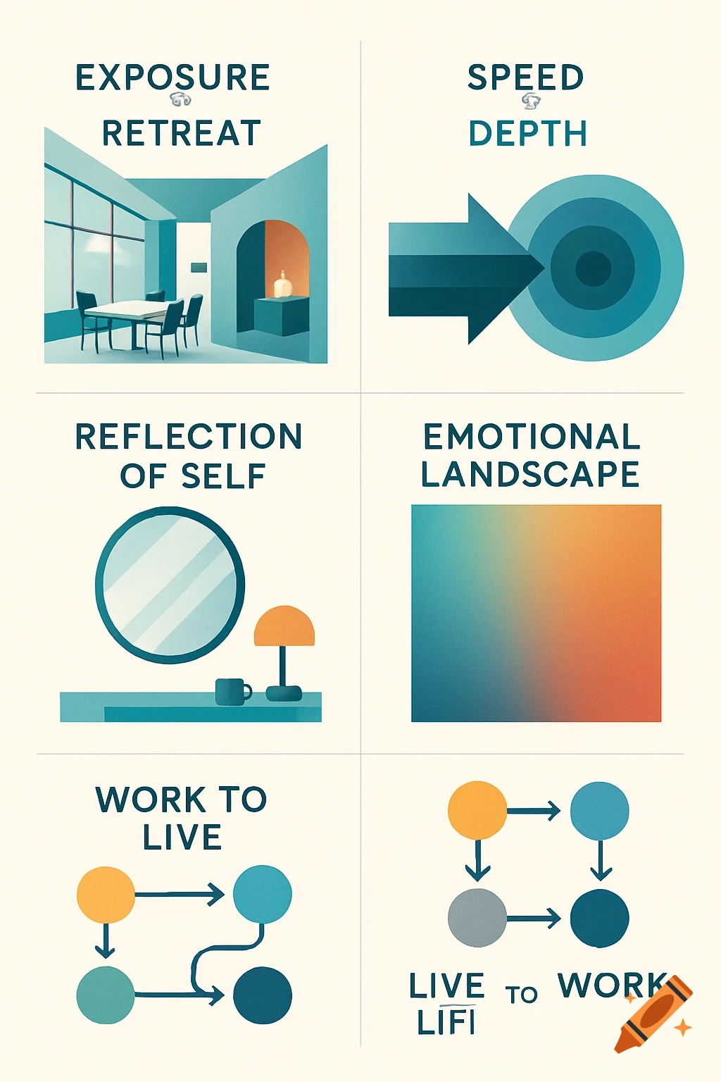 An infographic with six panels depicting abstract concepts like 'Exposure Retreat', 'Speed Depth', 'Reflection of Self', 'Emotional Landscape', 'Work to Live', and 'Live to Work' with simple illustrations.
