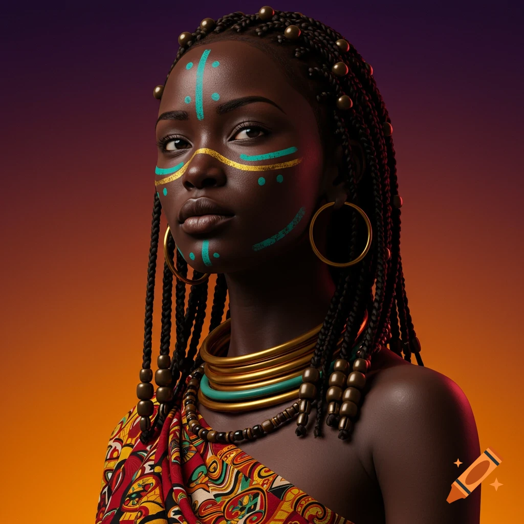 Close-up portrait of a Black woman with turquoise and gold face paint, braided hair with beads, and gold necklaces against a gradient background.